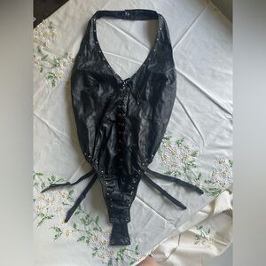 Vintage XTC Black Leather Sexy Lace Up Bodysuit Size L Deadstock